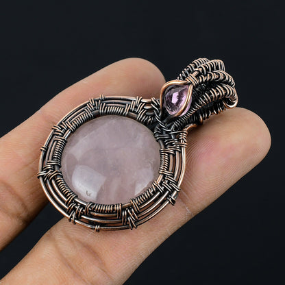Rose Quartz Gemstone Copper Wrapped Pendant