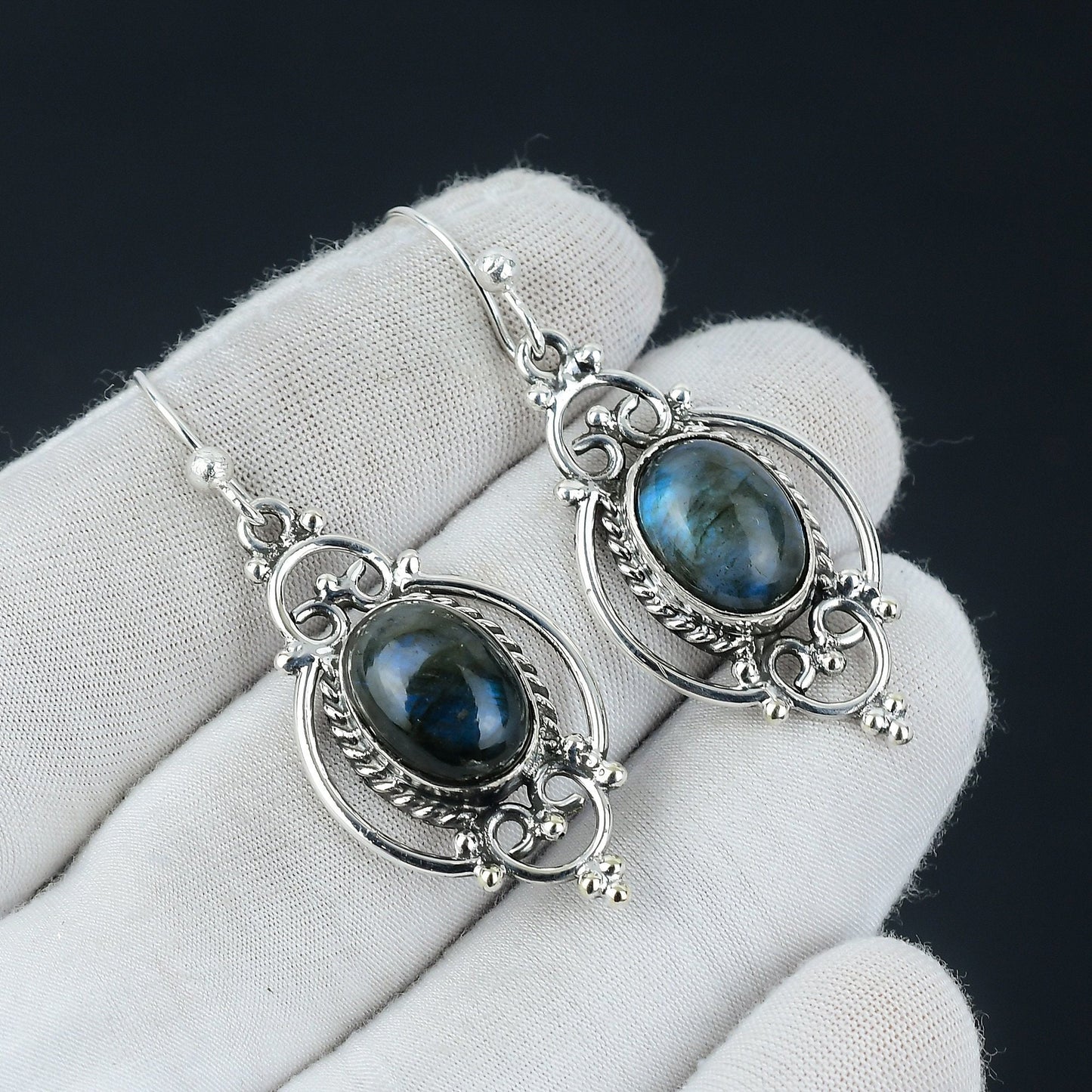 Iridescent Labradorite Silver Dangle Earrings