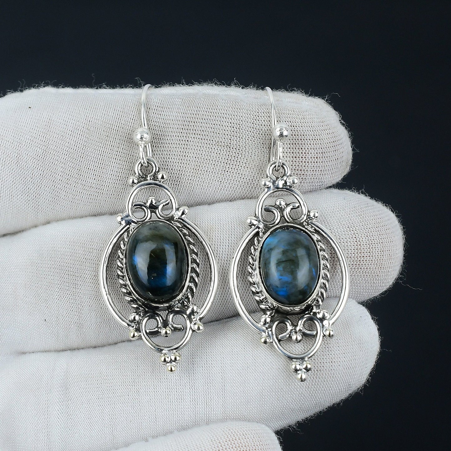 Iridescent Labradorite Silver Dangle Earrings