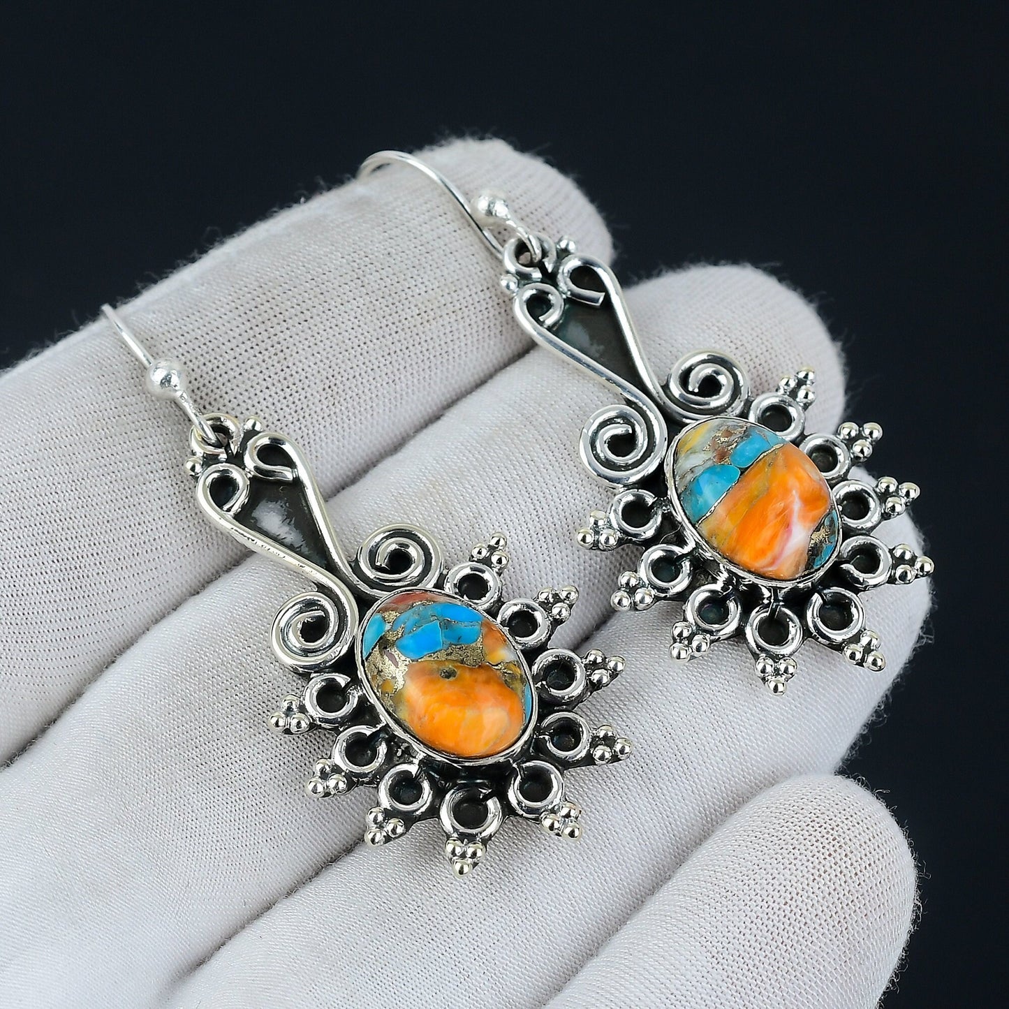 Orange Spiny Oyster Gemstone Earrings