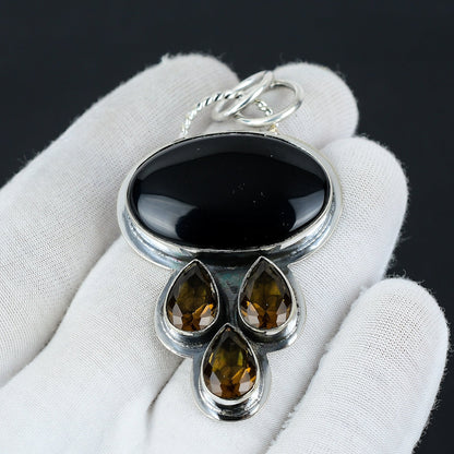 Black Onyx & Honey Topaz Gemstone Pendant