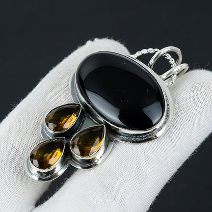 Black Onyx & Honey Topaz Gemstone Pendant