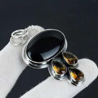 Black Onyx & Honey Topaz Gemstone Pendant