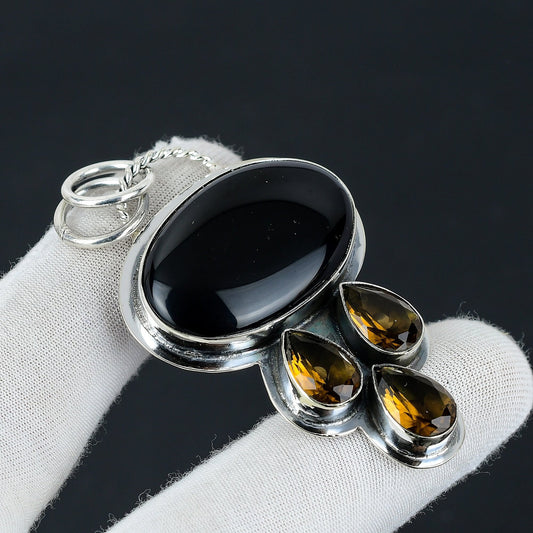Black Onyx & Honey Topaz Gemstone Pendant