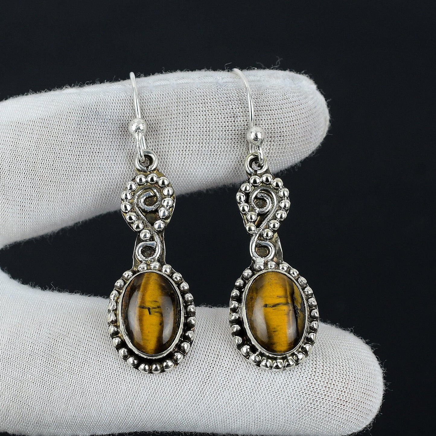 Brown Tiger Eye Gemstone Sterling Silver Earrings