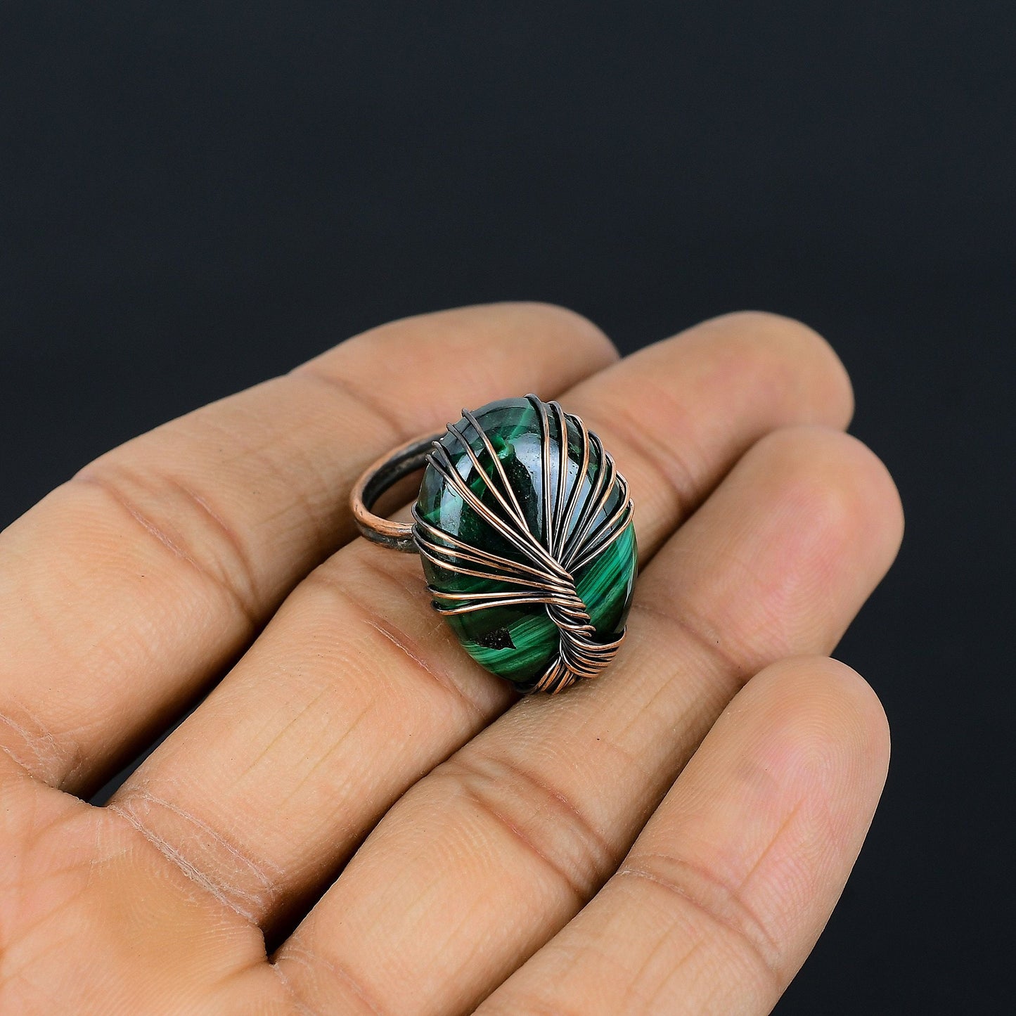 Green Malachite Gemstone Tree of Life Ring