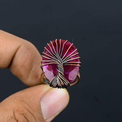 Red Ruby Gemstone Tree of Life Ring