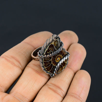 Copper Ammonite Fossil Gemstone Ring