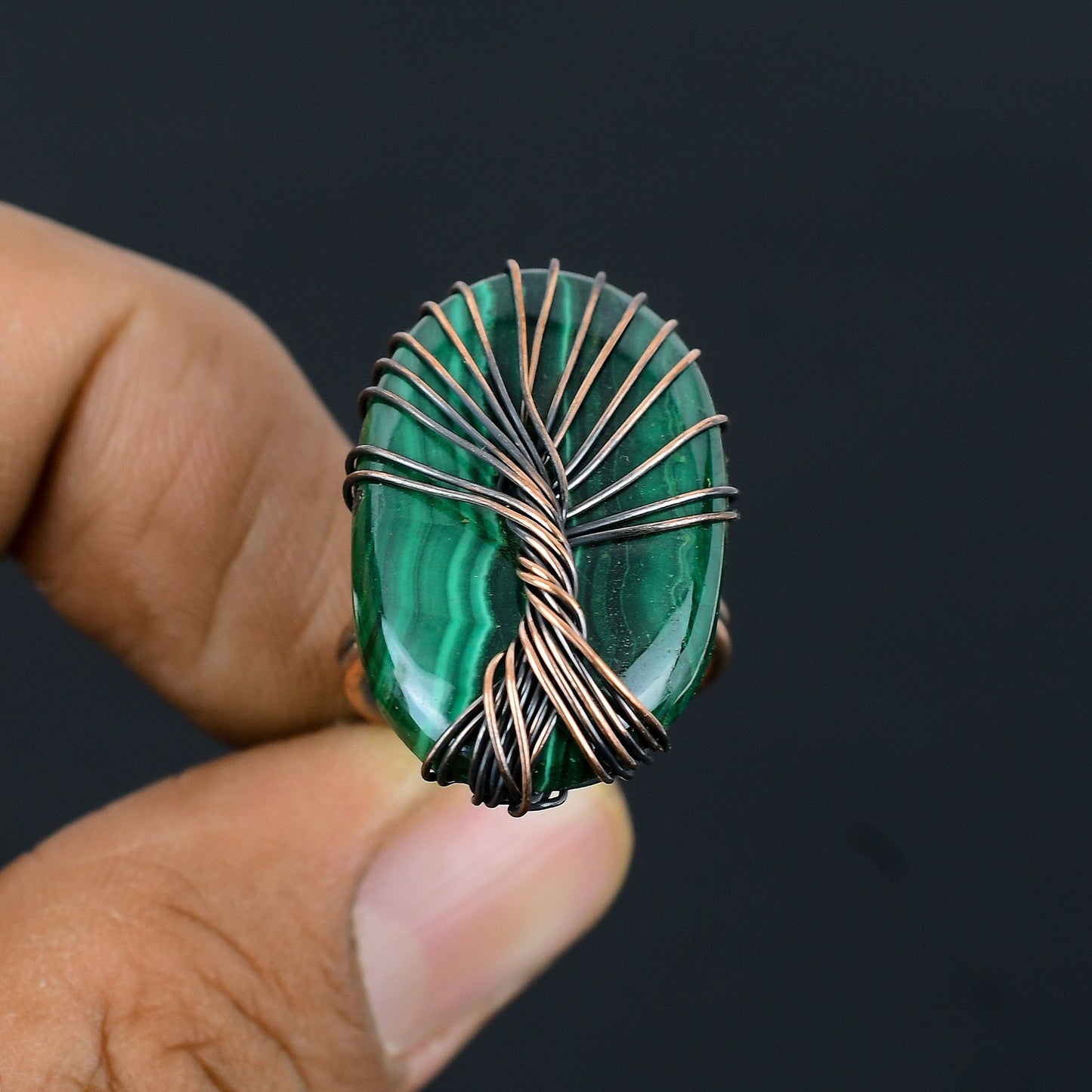 Green Malachite Gemstone Wire Wrapped Copper Ring