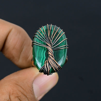 Green Malachite Gemstone Wire Wrapped Copper Ring