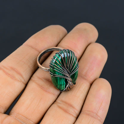 Green Malachite Gemstone Wire Wrapped Copper Ring