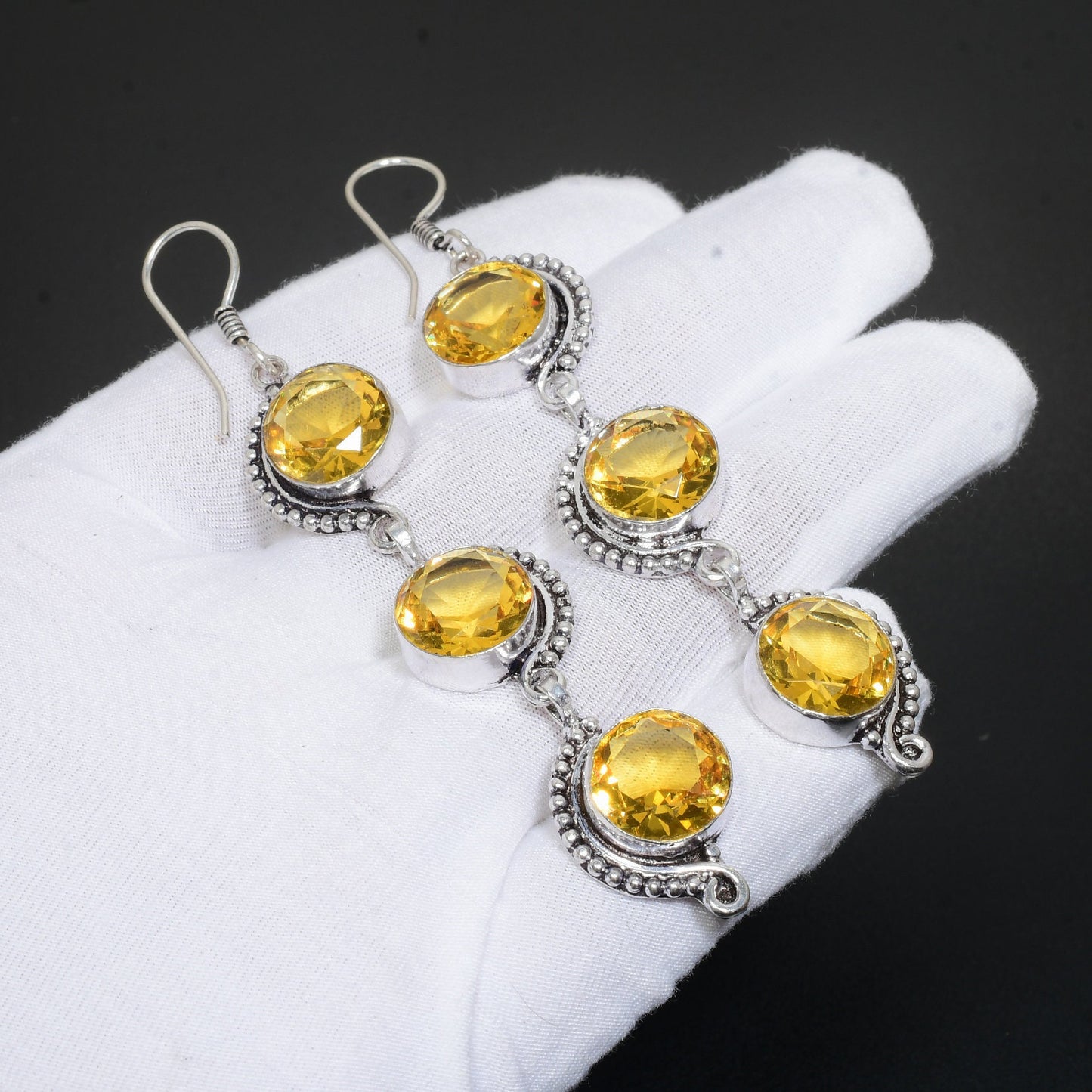 Yellow Citrine Gemstone Silver Earrings