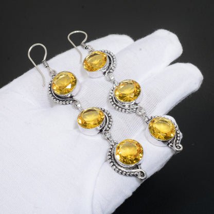 Yellow Citrine Gemstone Silver Earrings