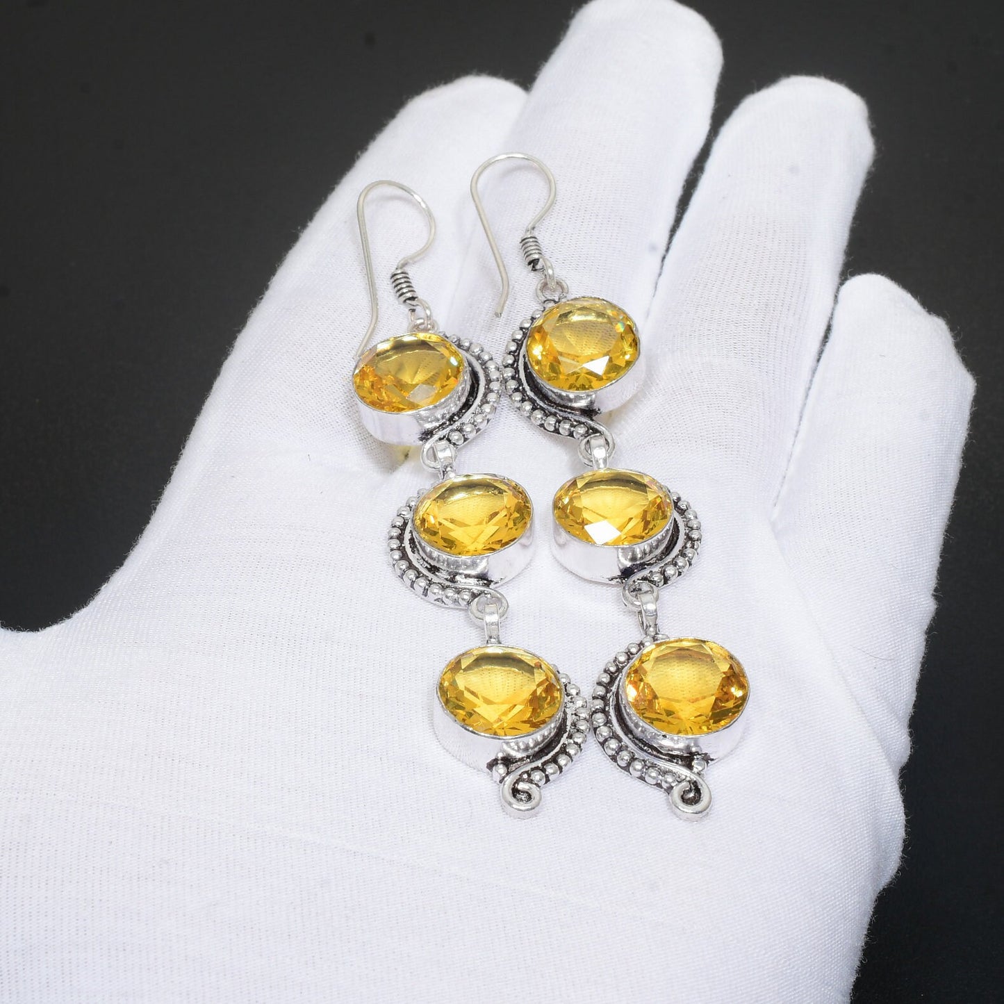 Yellow Citrine Gemstone Silver Earrings