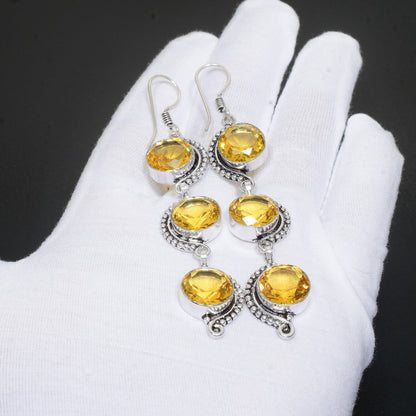 Yellow Citrine Gemstone Silver Earrings