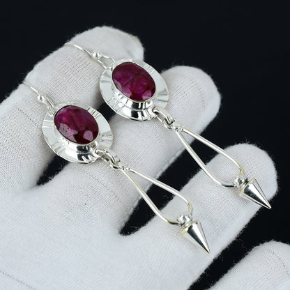 Kashmir Ruby Oval Silver Earrings