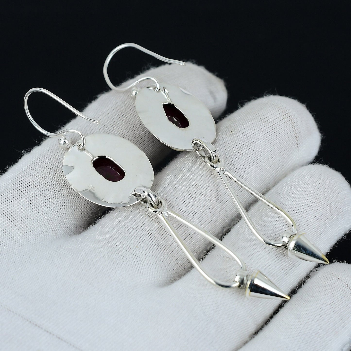 Kashmir Ruby Oval Silver Earrings