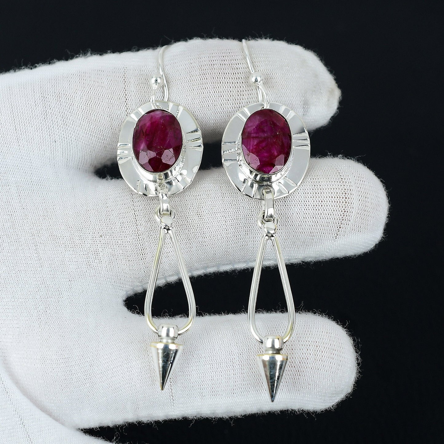 Kashmir Ruby Oval Silver Earrings