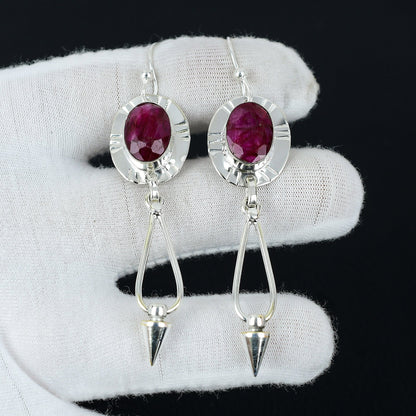 Kashmir Ruby Oval Silver Earrings