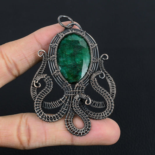 Green Emerald Gemstone Octopus Pendant