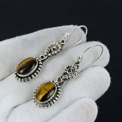 Brown Tiger Eye Gemstone Sterling Silver Earrings