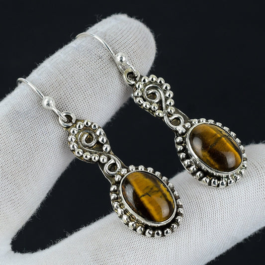 Brown Tiger Eye Gemstone Sterling Silver Earrings