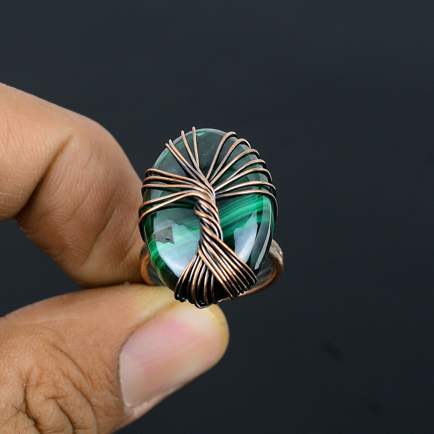 Green Malachite Gemstone Tree of Life Ring