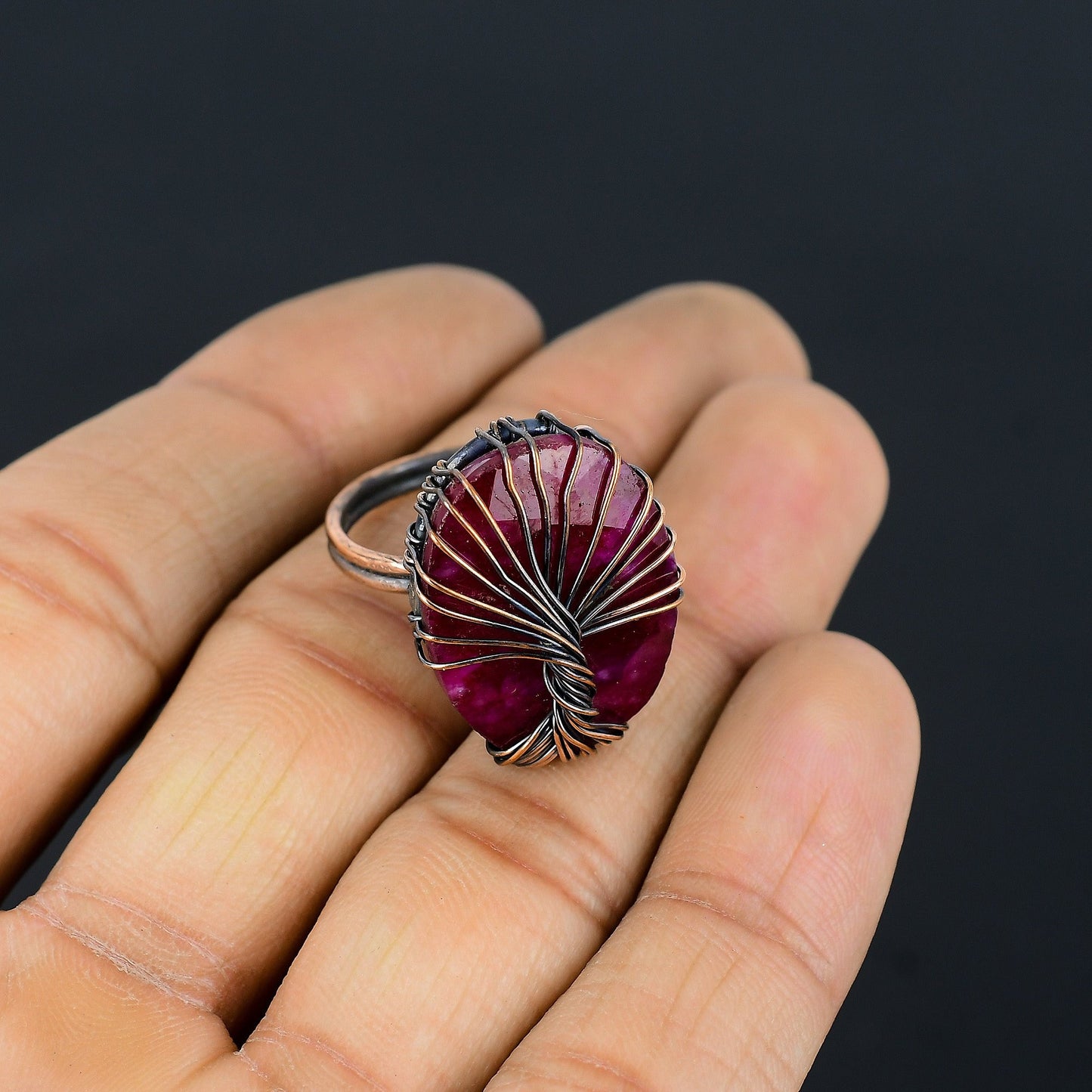 Red Ruby Gemstone Tree of Life Ring