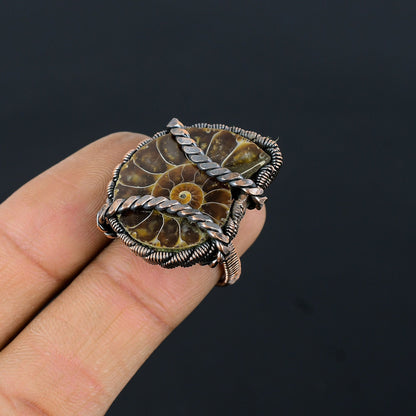 Copper Ammonite Fossil Gemstone Ring