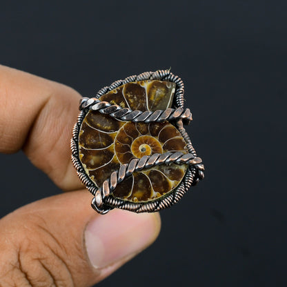 Copper Ammonite Fossil Gemstone Ring
