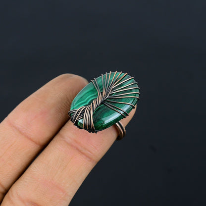 Green Malachite Gemstone Wire Wrapped Copper Ring