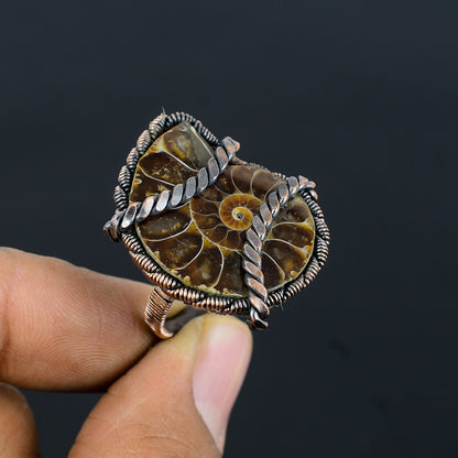 Copper Ammonite Fossil Gemstone Ring