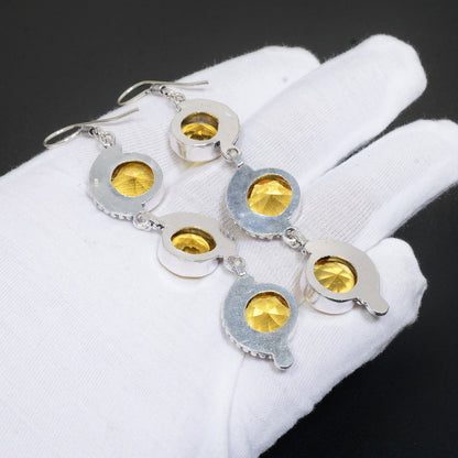Yellow Citrine Gemstone Silver Earrings