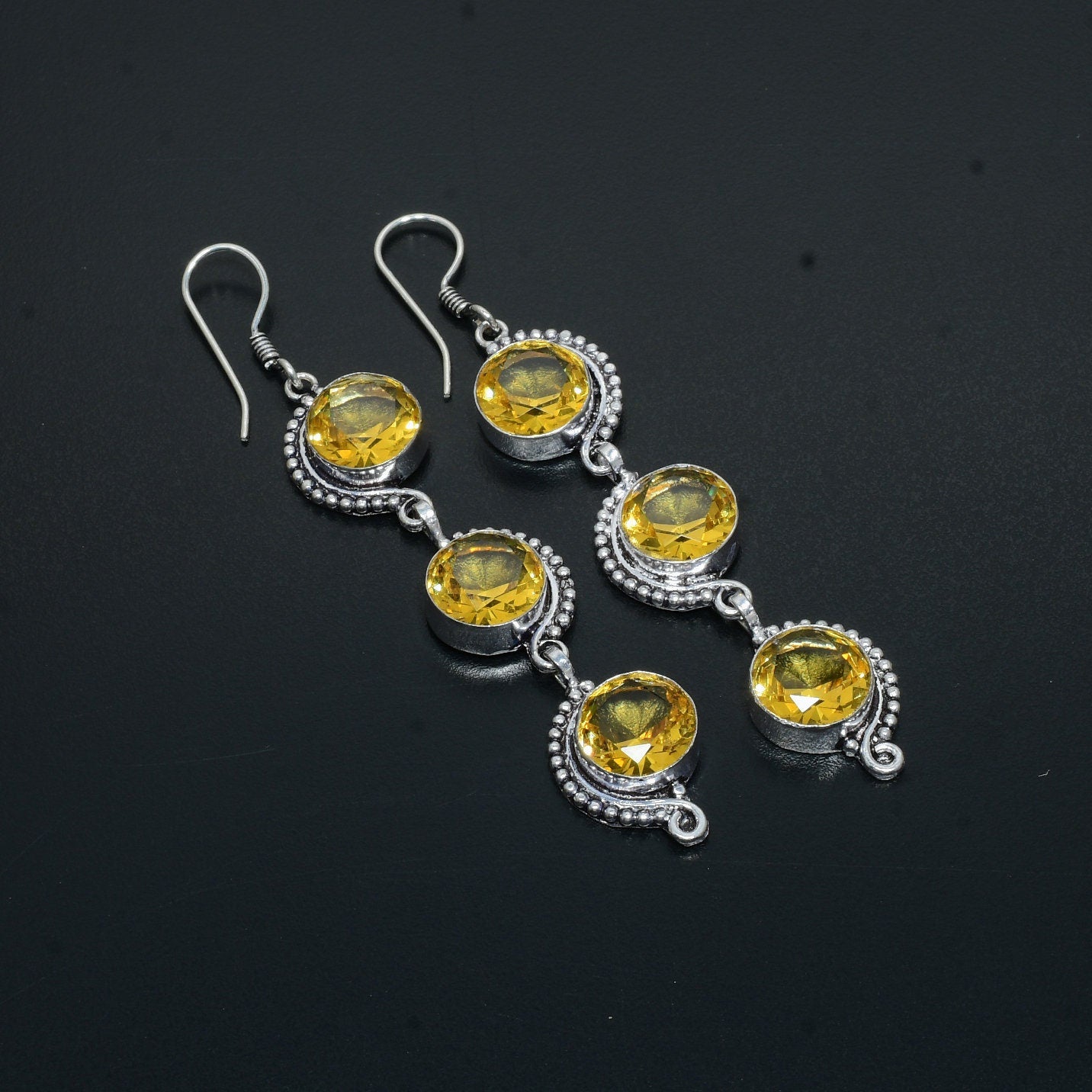 Yellow Citrine Gemstone Silver Earrings
