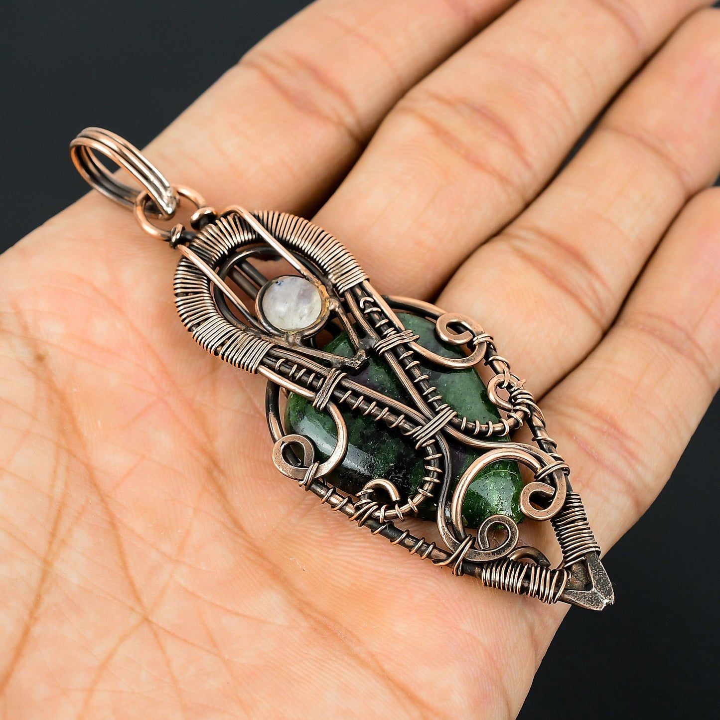 Green Ruby Zoisite and Moonstone Gemstone Pendant