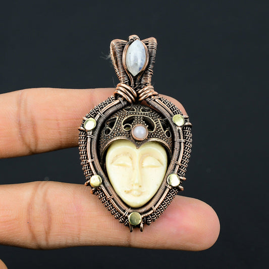 White Carved Bone Face Gemstone Pendant