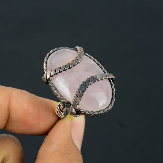 Pink Rose Quartz Gemstone Copper Ring