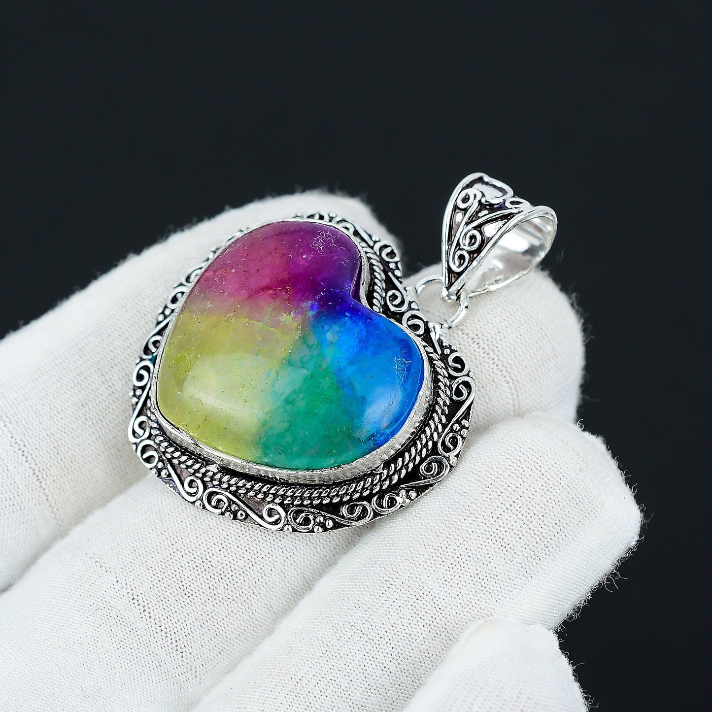 Rainbow Solar Quartz Heart Pendant