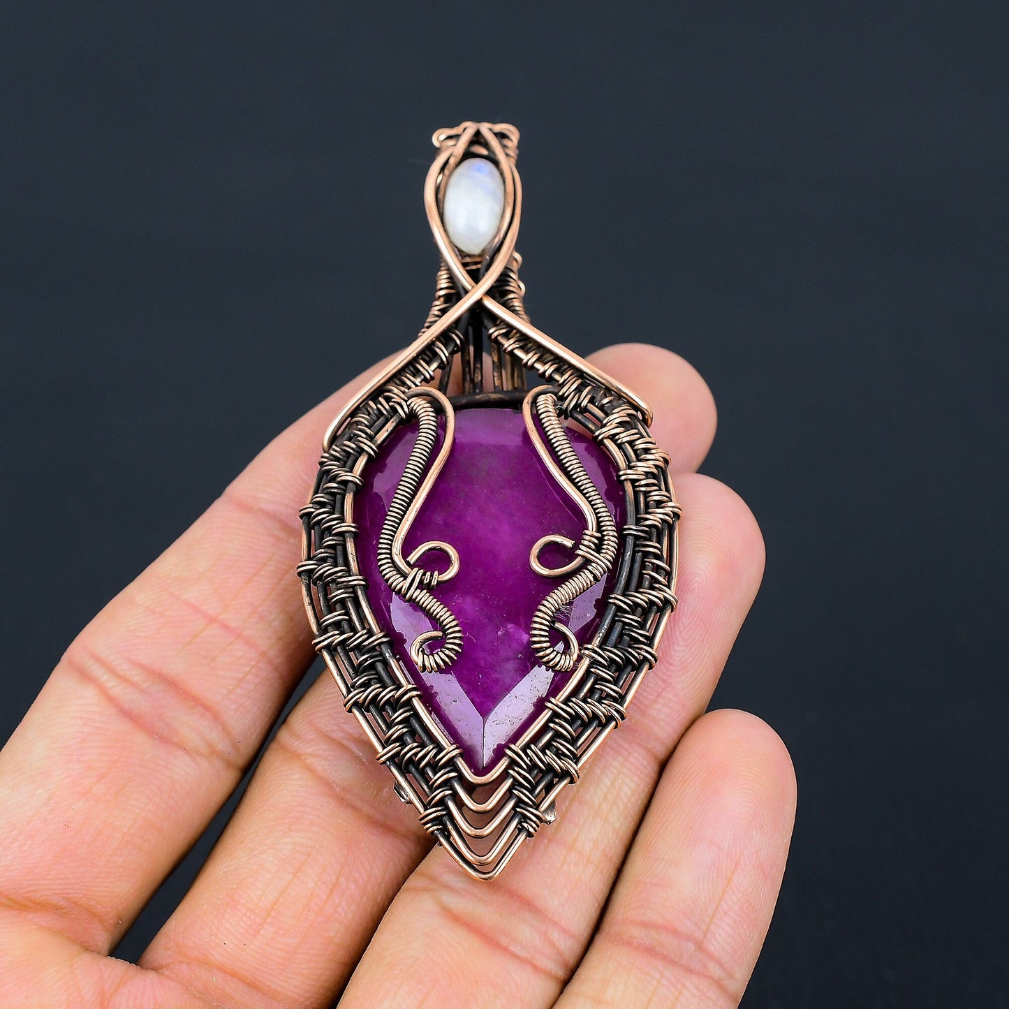 Red Ruby & White Moonstone Copper Gemstone Pendant