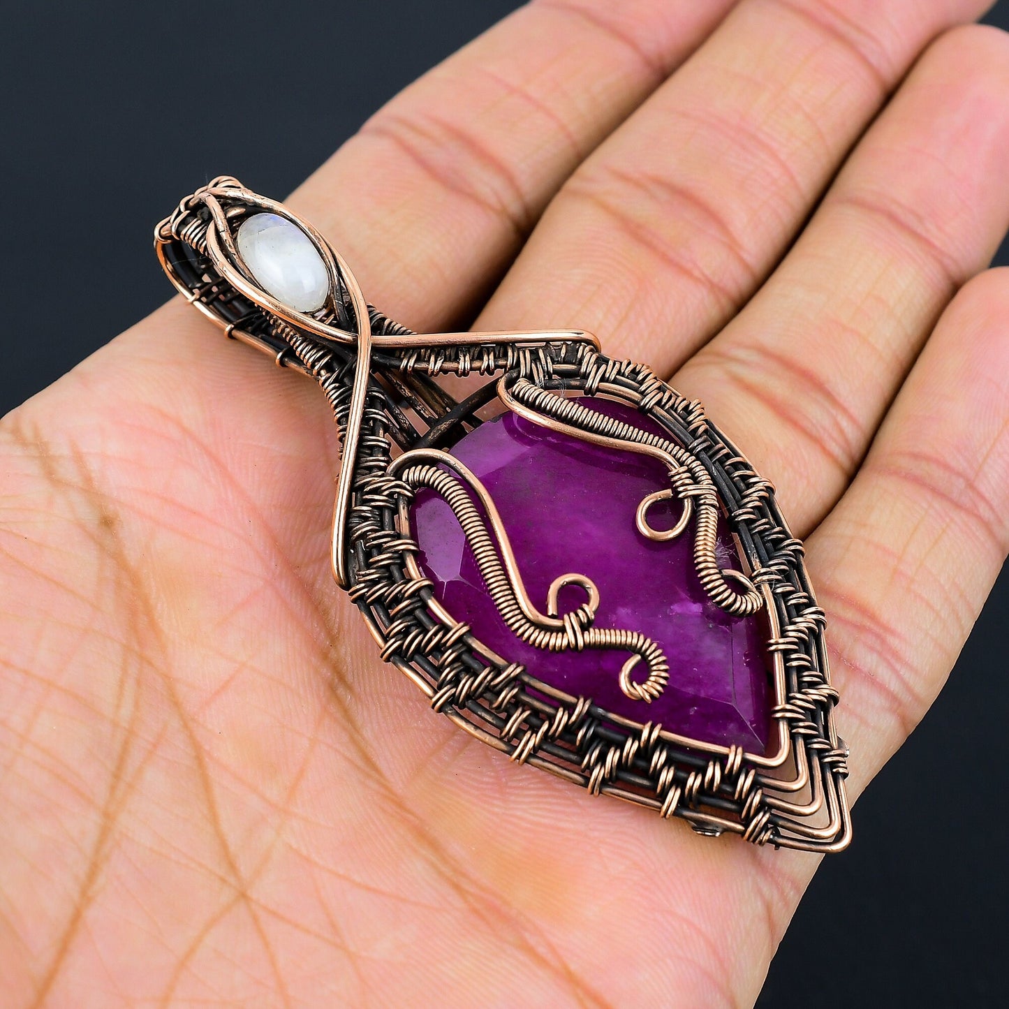 Red Ruby & White Moonstone Copper Gemstone Pendant
