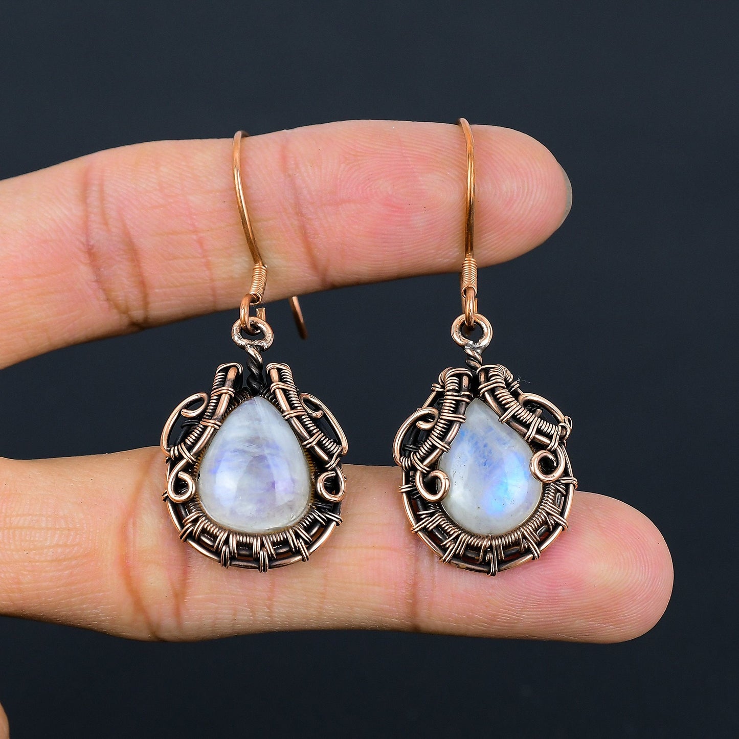 Rainbow Moonstone Gemstone Copper Dangle Earrings