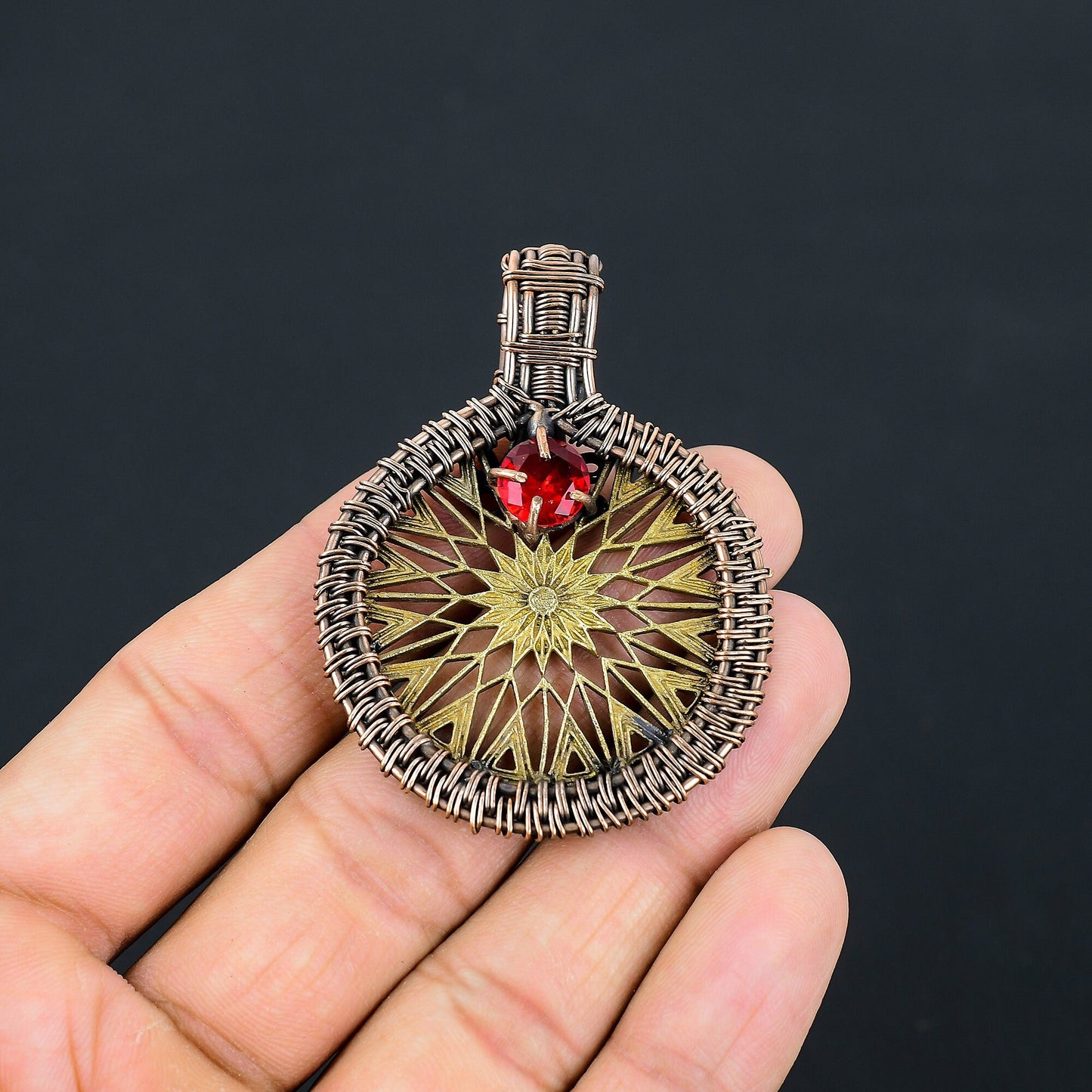 Two-Tone Copper Constellation Compass Gemstone Pendant