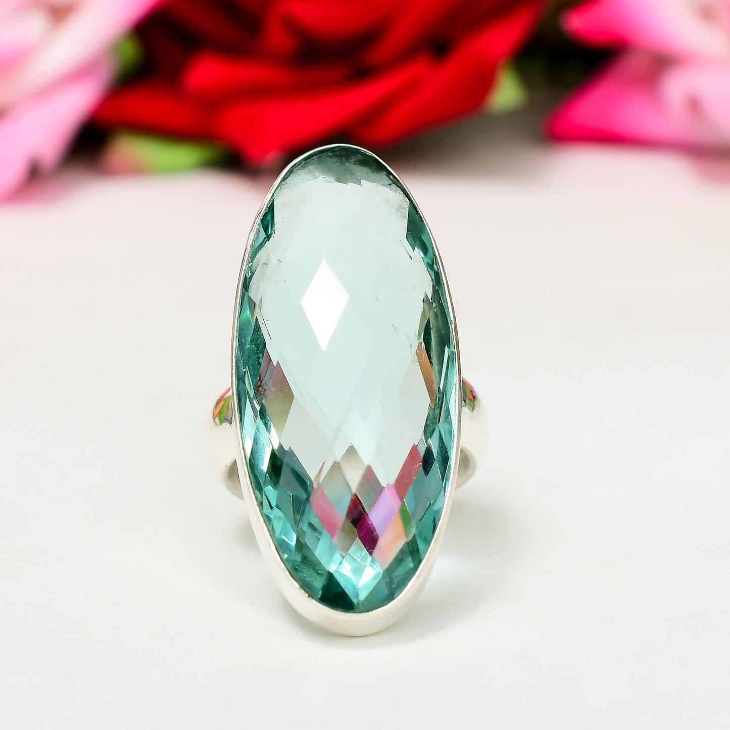 Faceted Aqua Apatite Sterling Silver Ring