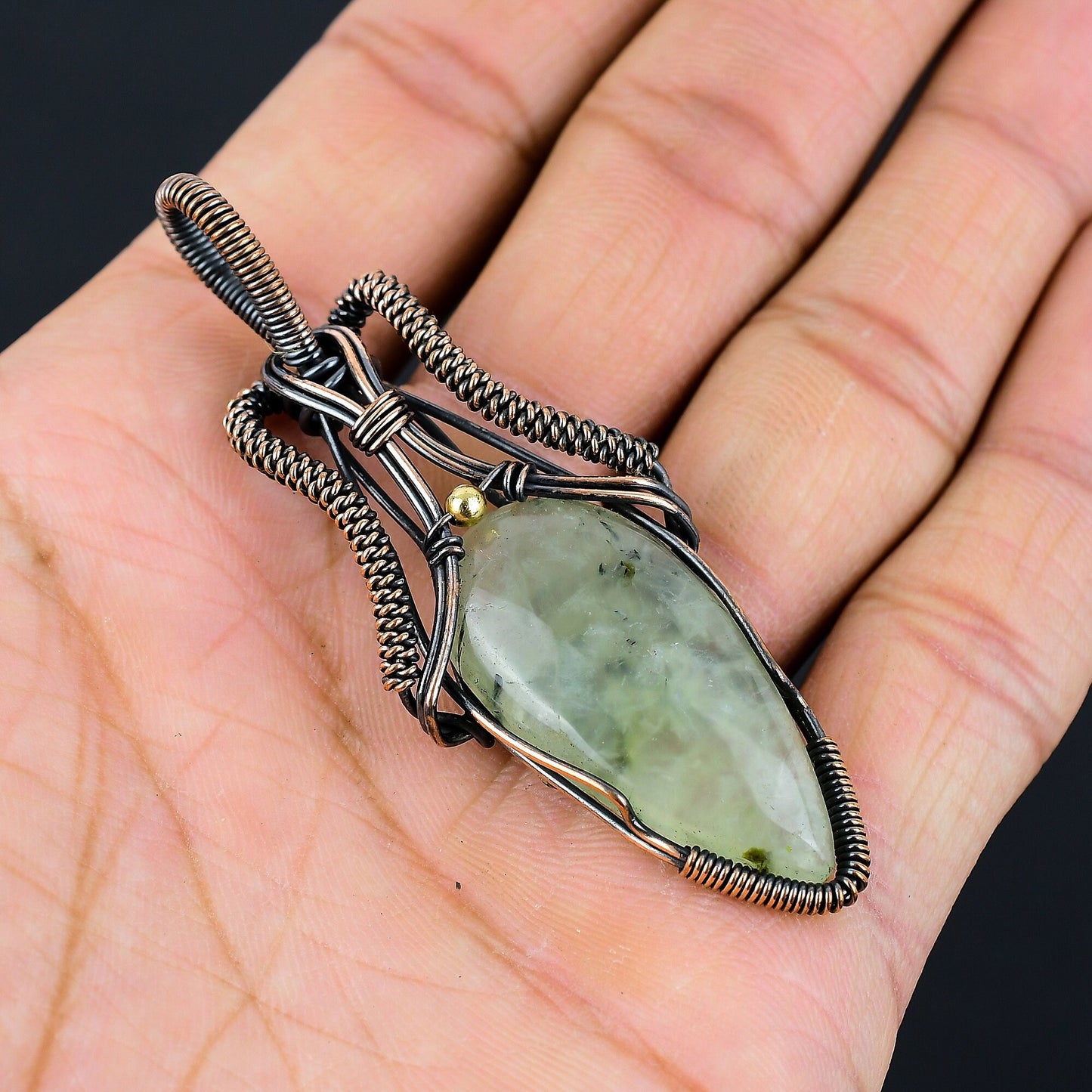 Green Prehnite Gemstone Copper Pendant