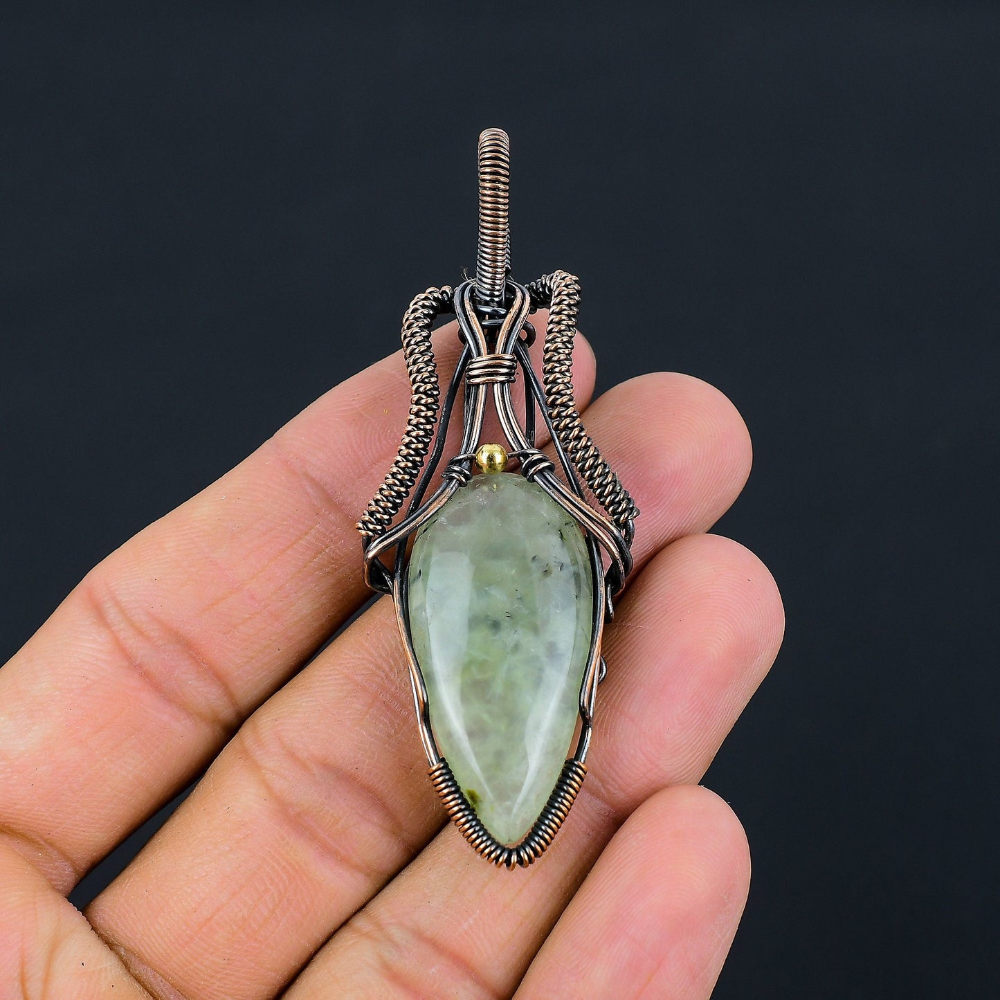 Green Prehnite Gemstone Copper Pendant