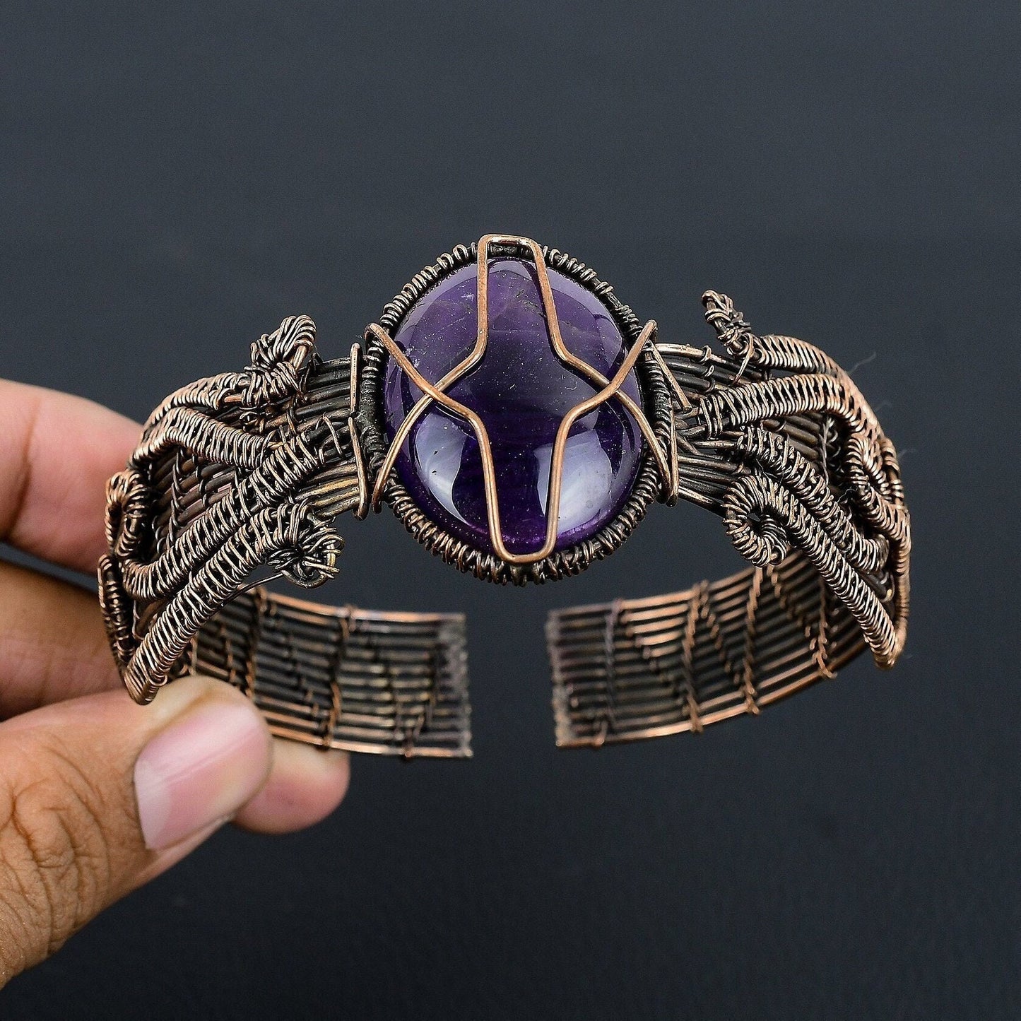Purple Amethyst Gemstone Copper Cuff Bracelet