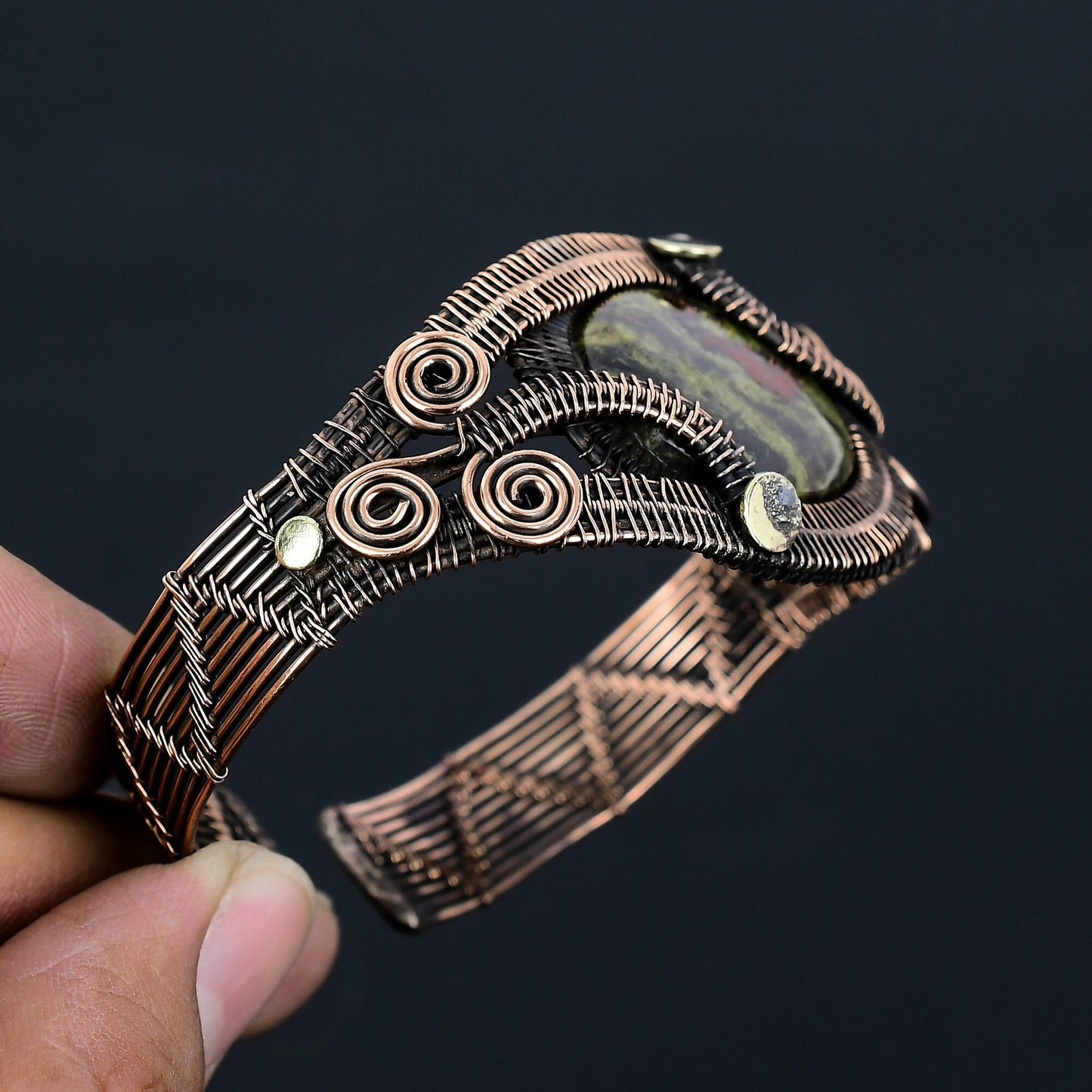 Green-Red Dragon Blood Jasper Gemstone Copper Cuff Bracelet