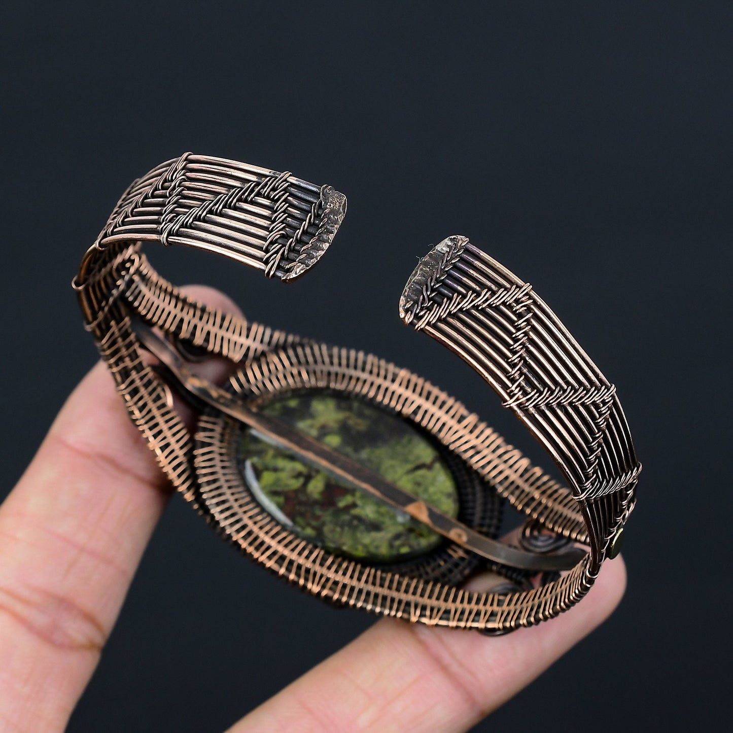 Green-Red Dragon Blood Jasper Gemstone Copper Cuff Bracelet