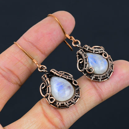 Rainbow Moonstone Gemstone Copper Dangle Earrings
