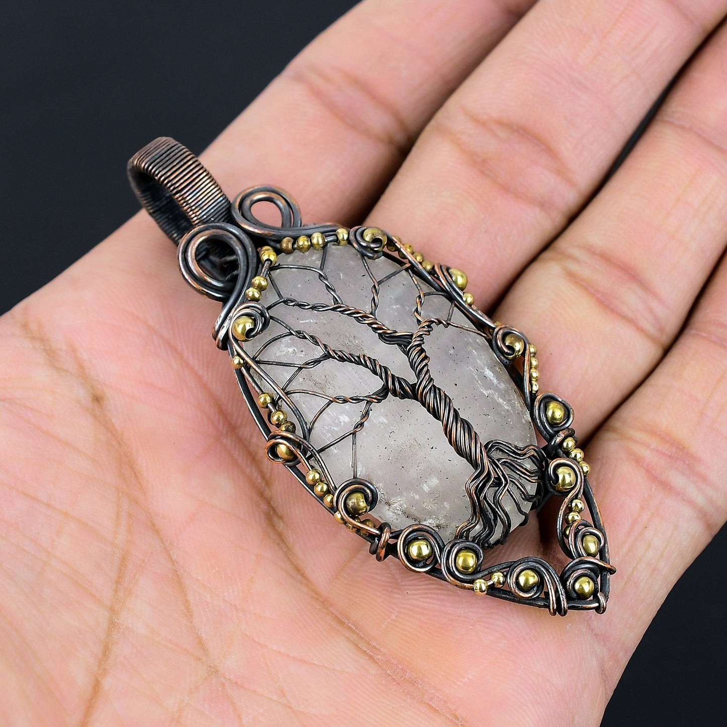 White Selenite Gemstone Tree of Life Copper Pendant